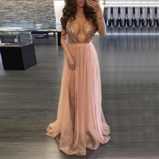 A-Line Deep V-Neck Backless Pink Tulle Prom Dress with Sequins Split - Click Image to Close