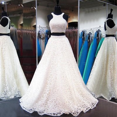 Two Piece Jewel White Lace Prom Dress with Beading Pearls Open Back