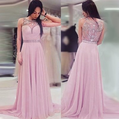 A-Line Bateau Long Pearl Pink Chiffon Prom Dress with Beading Sequins