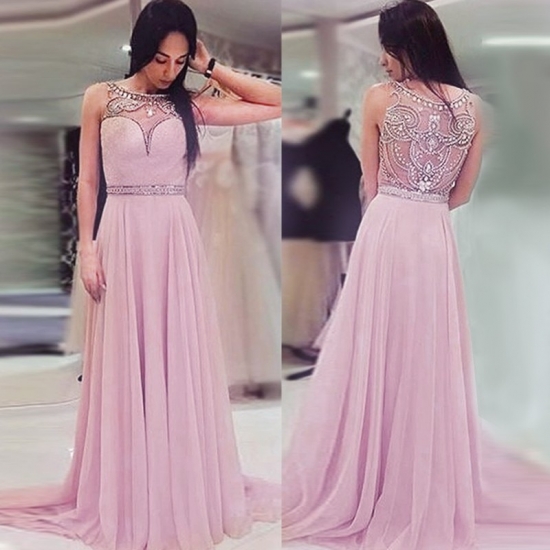 A-Line Bateau Long Pearl Pink Chiffon Prom Dress with Beading Sequins - Click Image to Close