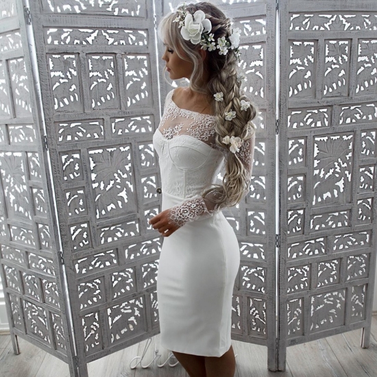 Tight Off-the-Shoulder Short White Elastic Satin Prom Dress with Lace Sleeves - Click Image to Close