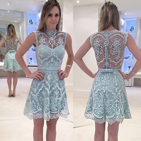 A-Line Scalloped-Edge Short Blue Lace Homecoming Dress with Bowknot - Click Image to Close
