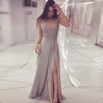 A-Line Illusion Bateau Long Grey Chiffon Prom Dress with Beading