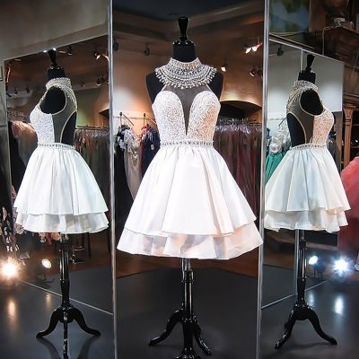 A-Line High Neck Short Ivory Open Back Homecoming Dress with Lace Beading