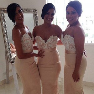 Mermaid Sweetheart Champagne Elastic Satin Bridesmaid Dress with Sash Lace