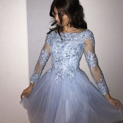 A-Line Off-the-Shoulder Blue Homecoming Dress with Beading Appliques Sleeves