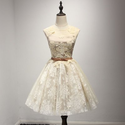 A-Line Jewel Light Yellow Short Lace Homecoming Dress with Appliques Sash