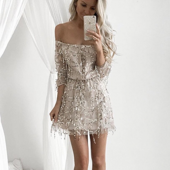 A-Line Off Shoulder Long Sleeves Short Light Champagne Sequined Homecoming Dress - Click Image to Close