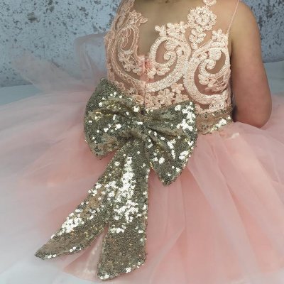 Ball Gown Jewel Short Pink Tulle Flower Girl Dress with Lace Sequins