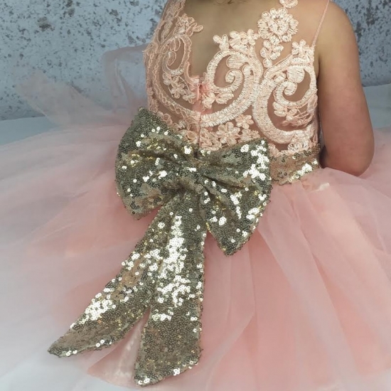 Ball Gown Jewel Short Pink Tulle Flower Girl Dress with Lace Sequins - Click Image to Close