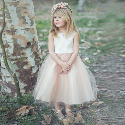 A-Line Bateau Tea-Length Light Pink Tulle Flower Girl Dress