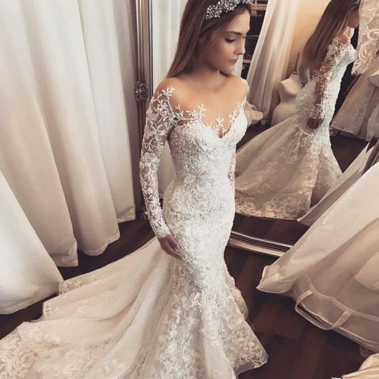 Mermaid Illusion Bateau Long Sleeves Tulle Wedding Dress with Appliques - Click Image to Close