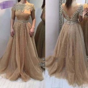 A-Line Bateau Cap Sleeves V-Back Champagne Prom Dress with Pearl Appliques