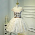 Ball Gown Off Shoulder Short Ivory Lace Homecoming Dress with Appliques