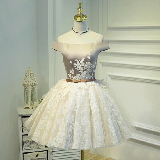 Ball Gown Off Shoulder Short Ivory Lace Homecoming Dress with Appliques - Click Image to Close