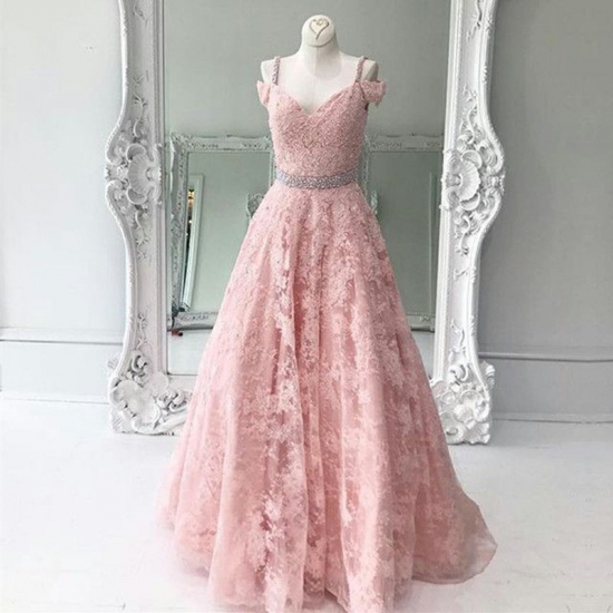 A-Line Straps Sweep Train Pink Lace Prom Dress with Sequins - Click Image to Close