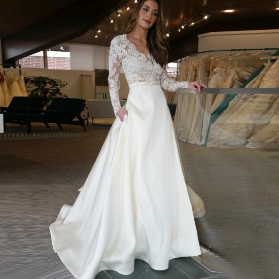 A-Line V-Neck Long Sleeves Sweep Train Satin Wedding Dress with Lace Pockets - Click Image to Close