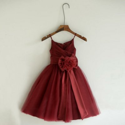 A-Line Spaghetti Straps Short Burgundy Tulle Flower Girl Dress with Flower