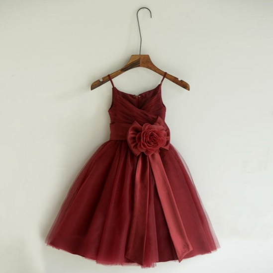 A-Line Spaghetti Straps Short Burgundy Tulle Flower Girl Dress with Flower - Click Image to Close