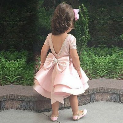 A-Line Bateau Short Sleeves Pink Satin Bow Flower Girl Dress with Lace