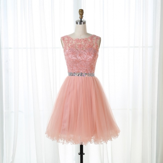 A-Line Bateau Open Back Short Pink Tulle Appliques Homecoming Dress - Click Image to Close
