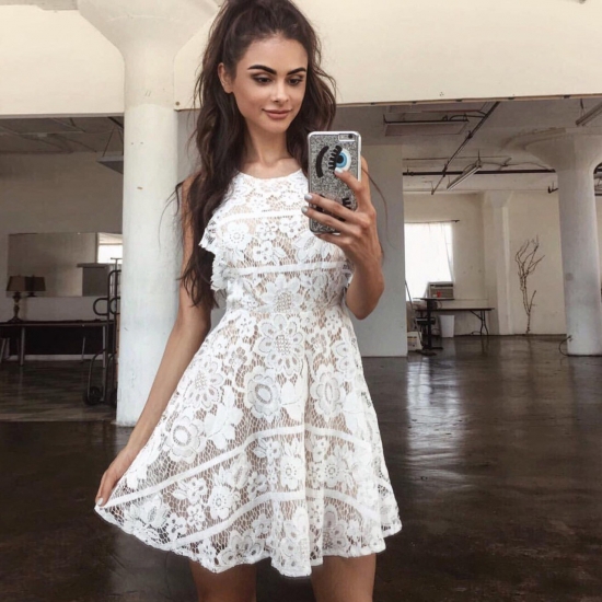A-Line Round Neck Short White Lace Homecoming Dress with Ruffles - Click Image to Close