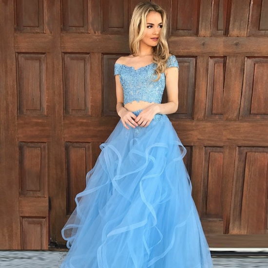Two Piece Off-the-Shoulder Short Sleeves Blue Prom Dress with Appliques - Click Image to Close