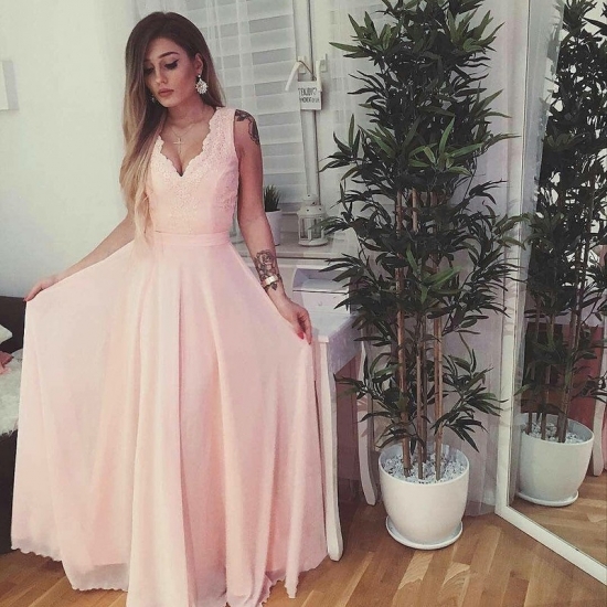 A-Line V-Neck Backless Pink Chiffon Prom Dress with Appliques - Click Image to Close
