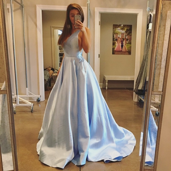 A-Line V-Neck Backless Sweep Train Blue Satin Prom Dress with Pockets - Click Image to Close