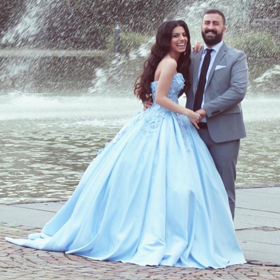 Ball Gown Sweetheart Sweep Train Blue Satin Prom Dress with Appliques - Click Image to Close