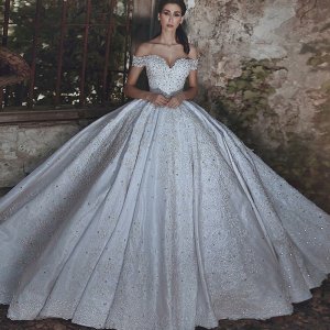 Ball Gown Off-the-Shoulder Sweep Train White Prom Dress with Appliques Beading