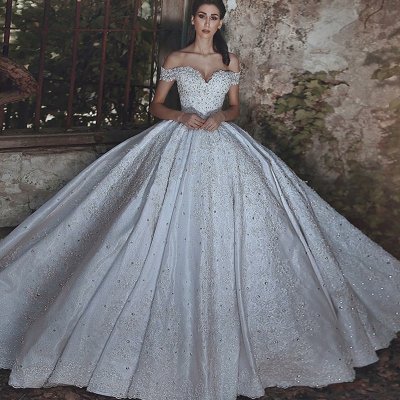 Ball Gown Off-the-Shoulder Sweep Train White Prom Dress with Appliques Beading