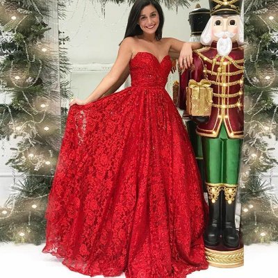 A-Line Sweetheart Floor-Length Red Lace Prom Dress with Beading