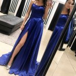 A-Line Spaghetti Straps Sweep Train Royal Blue Prom Dress with Split