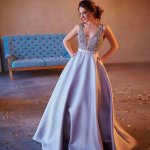 A-Line V-Neck Sweep Train Grey Satin Prom Dress with Beading Pockets