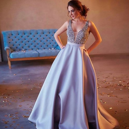 A-Line V-Neck Sweep Train Grey Satin Prom Dress with Beading Pockets