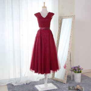 A-Line V-Neck Knee-Length Burgundy Bridesmaid Dress with Appliques