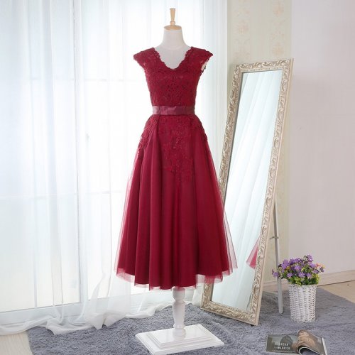 A-Line V-Neck Knee-Length Burgundy Bridesmaid Dress with Appliques