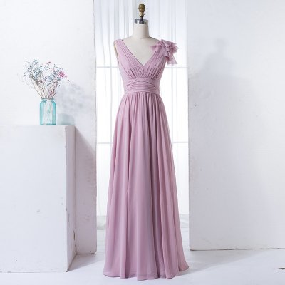 A-Line V-Neck Floor-Length Lilac Chiffon Bridesmaid Dress with Pleats