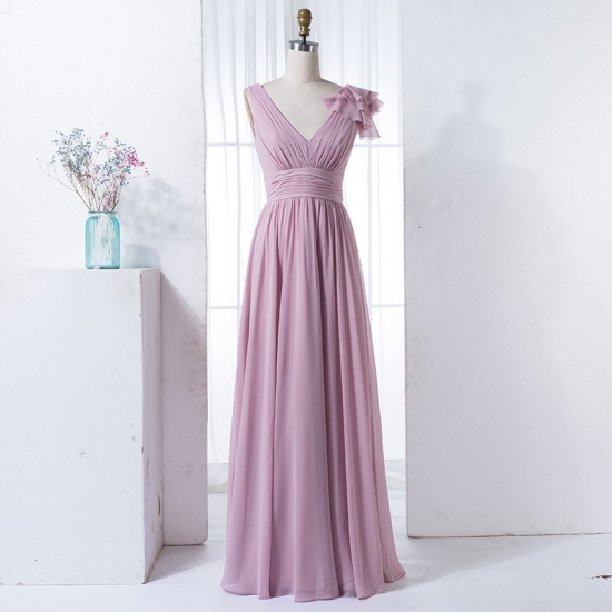 A-Line V-Neck Floor-Length Lilac Chiffon Bridesmaid Dress with Pleats - Click Image to Close