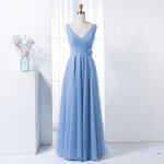 A-Line V-Neck Blue Tulle Long Bridesmaid Dress with Flower