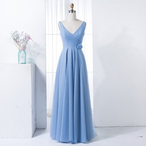 A-Line V-Neck Blue Tulle Long Bridesmaid Dress with Flower