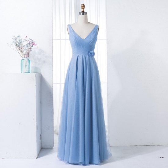 A-Line V-Neck Blue Tulle Long Bridesmaid Dress with Flower - Click Image to Close