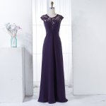 A-Line Round Neck Cap Sleeves Long Grape Bridesmaid Dress with Lace