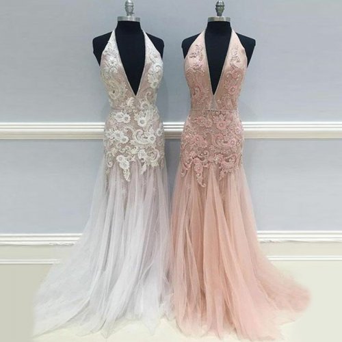 Mermaid Halter Backless White Long Prom Dress with Appliques