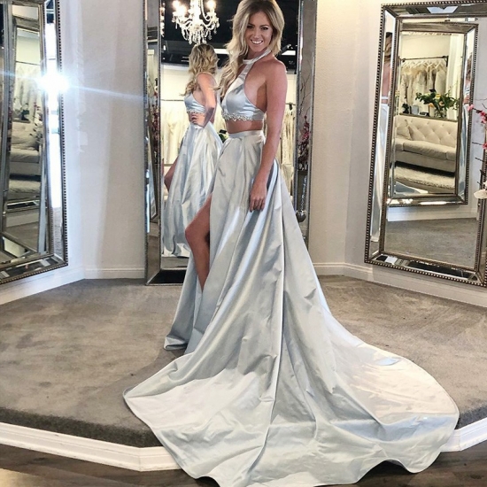Two Piece Halter Backless Light Blue Satin Prom Dress with Keyhole - Click Image to Close