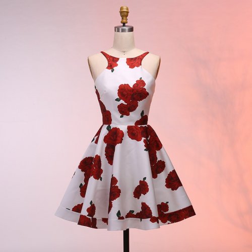 A-Line Bateau Sleeveless Backless Short Floral Homecoming Dress