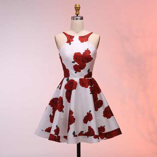 A-Line Bateau Sleeveless Backless Short Floral Homecoming Dress - Click Image to Close