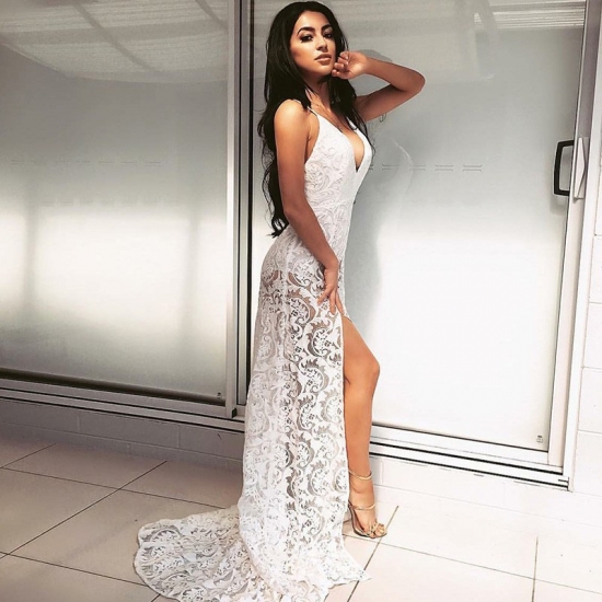 A-Line Spaghetti Straps Backless Sweep Train White Lace Prom Dress - Click Image to Close