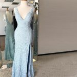 Mermaid V-Neck Backless Sweep Train Blue Lace Prom Dress with Sequins